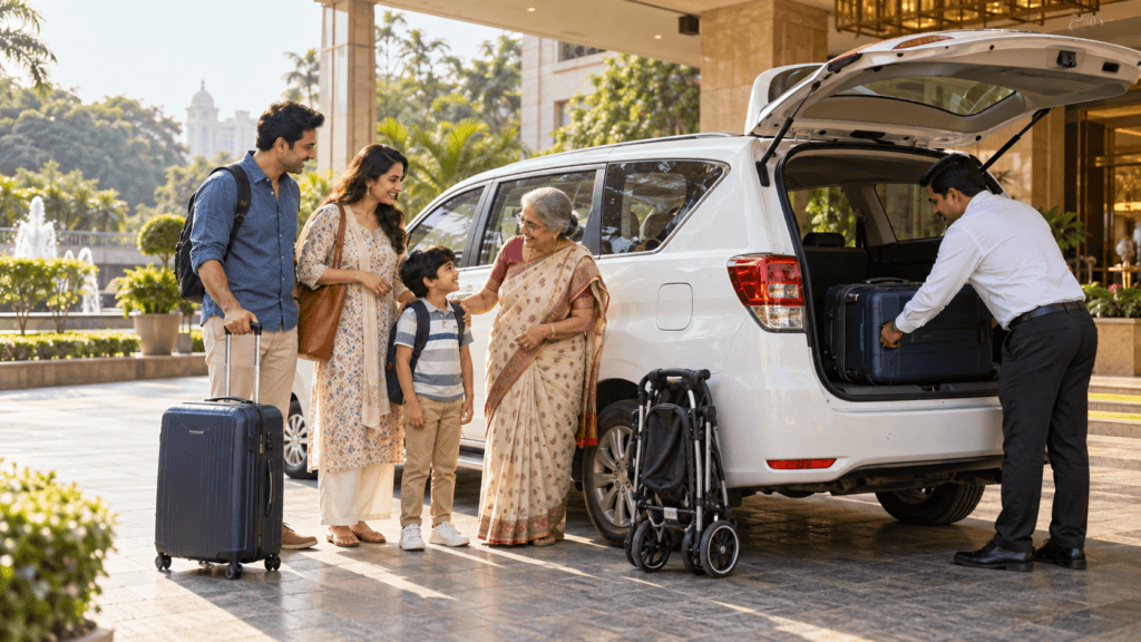 AI illustration of a family preparing luggage beside a private MPV at a hotel