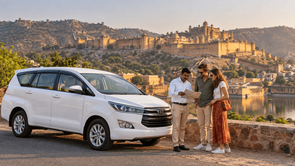 AI illustration of travellers and a private MPV near Amer Fort in Jaipur
