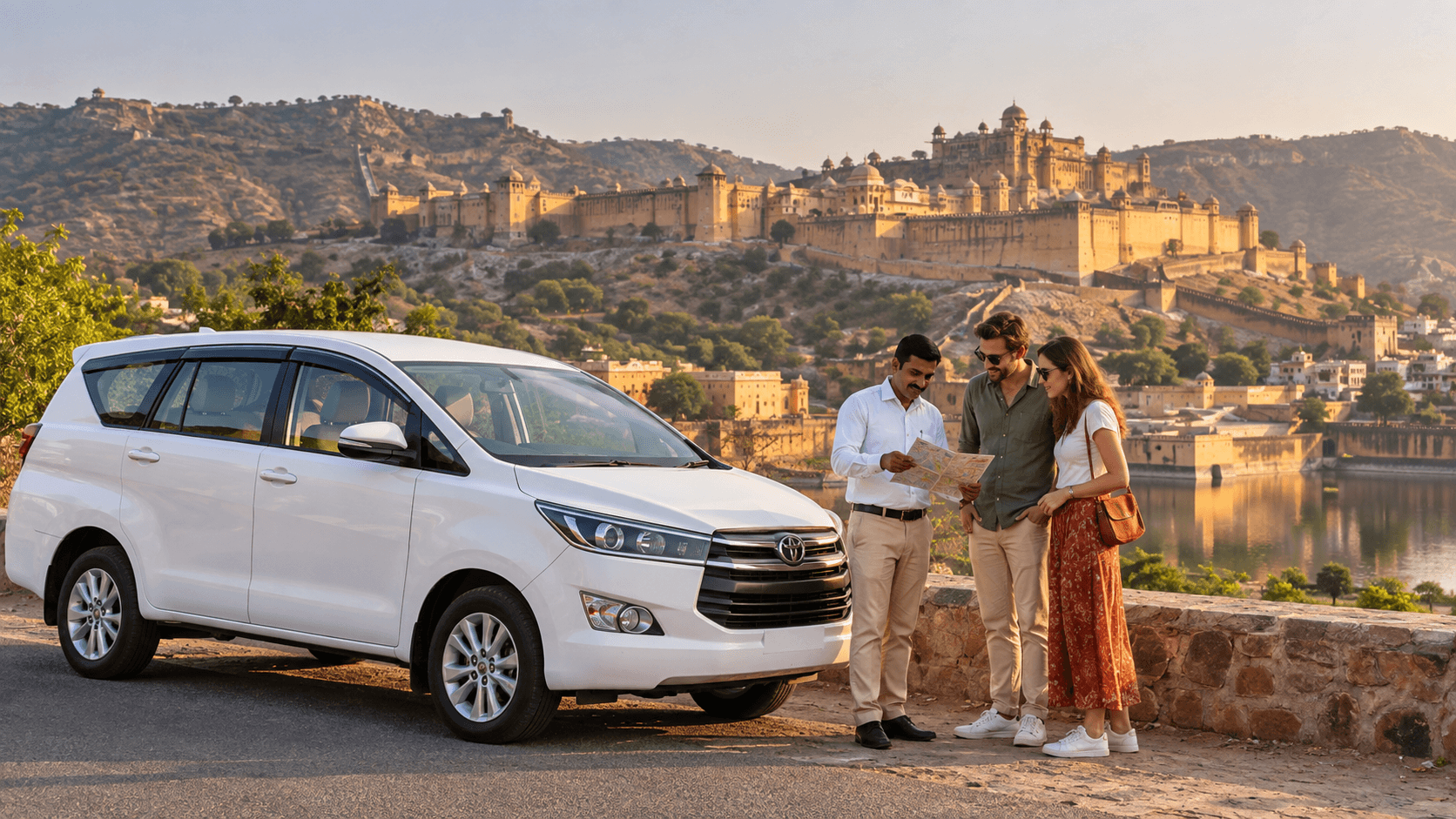AI illustration of a Golden Triangle tour by private car near Amer Fort