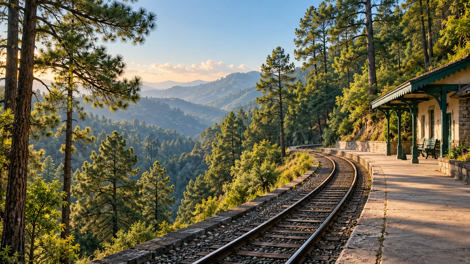 Barog-inspired empty small mountain railway platform among pines illustration