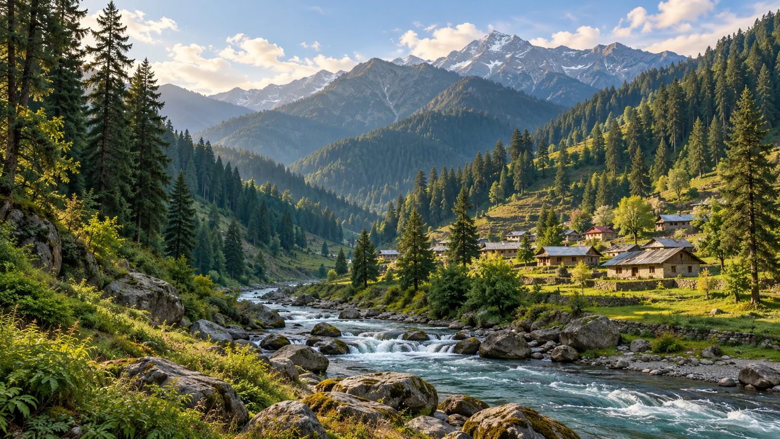 Barot-inspired lush narrow river valley and pine village illustration