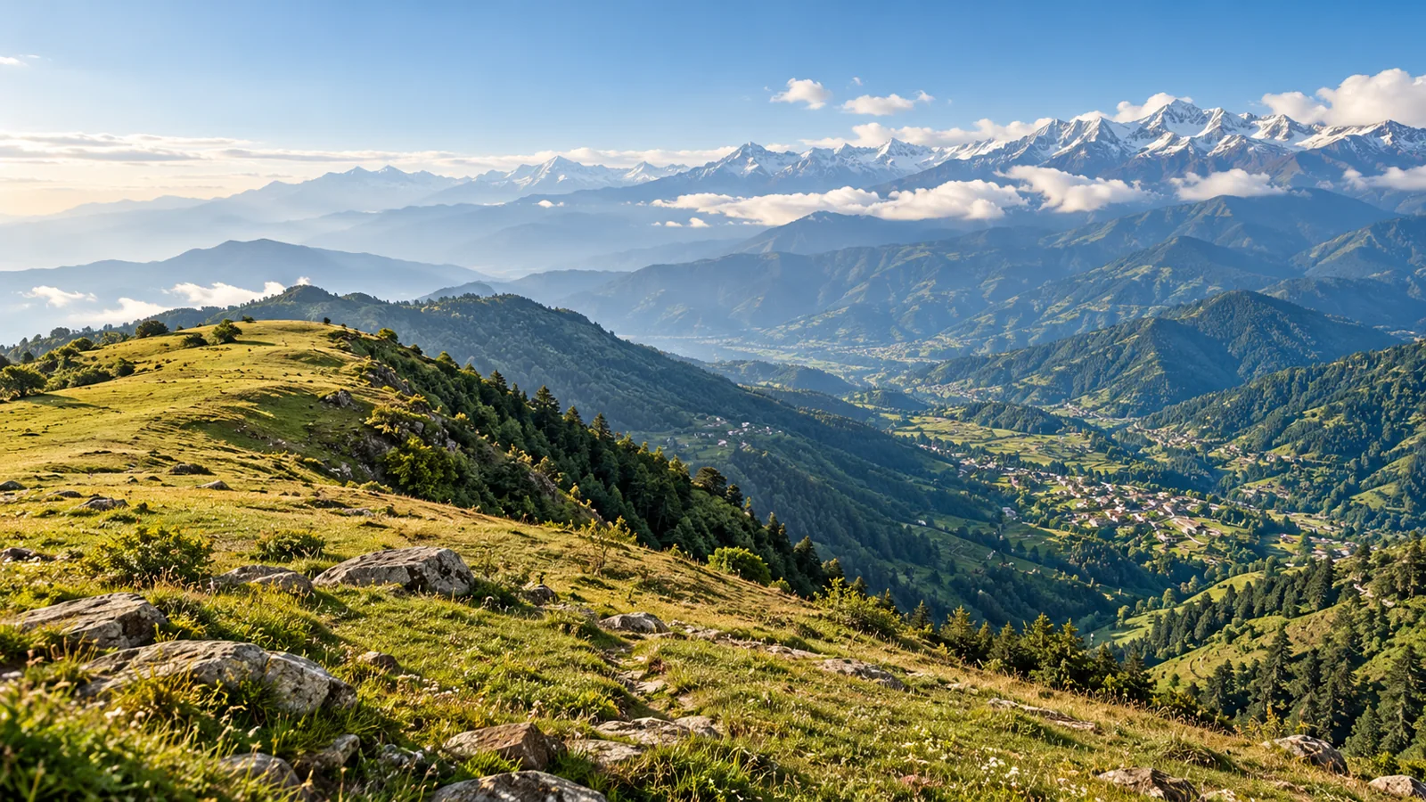 Bir Billing-inspired grassy upper ridge above a green valley illustration