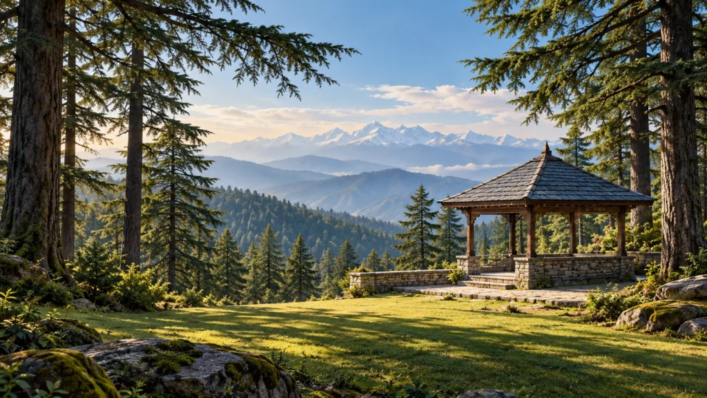 Chail-inspired deodar clearing and small slate-roof pavilion illustration