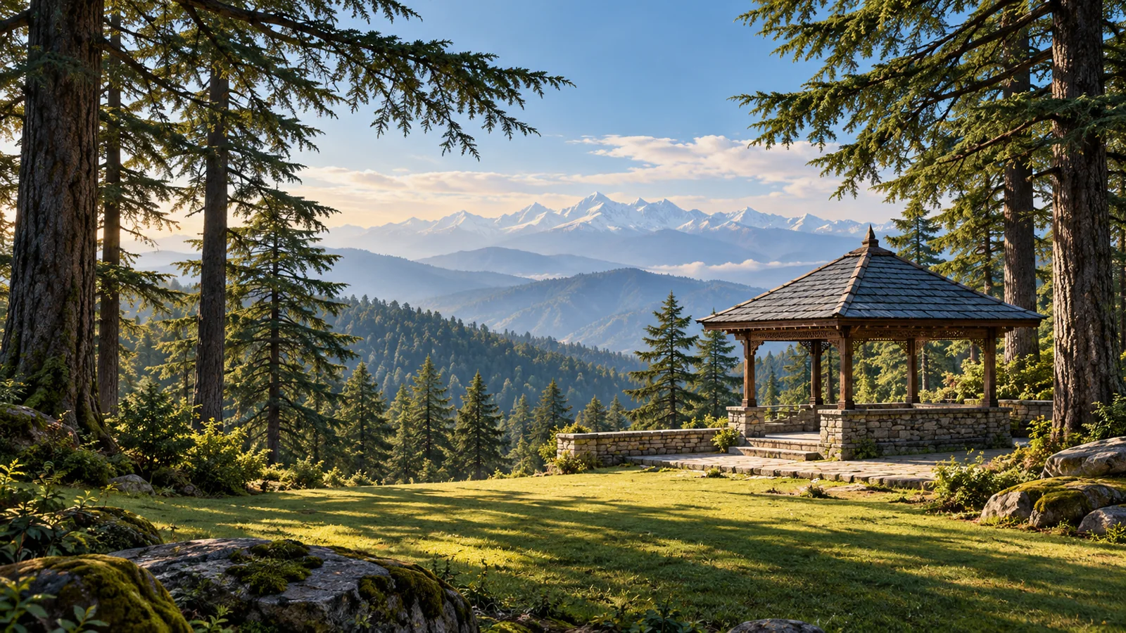 Chail-inspired deodar clearing and small slate-roof pavilion illustration