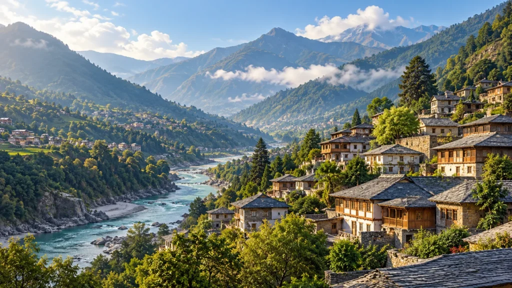 Chamba-inspired historic slate-roof valley settlement above river illustration