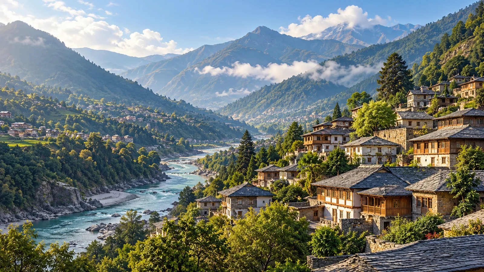 Chamba-inspired historic slate-roof valley settlement above river illustration