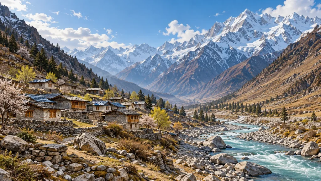 Chitkul-inspired high slate-roof village and rocky alpine river illustration