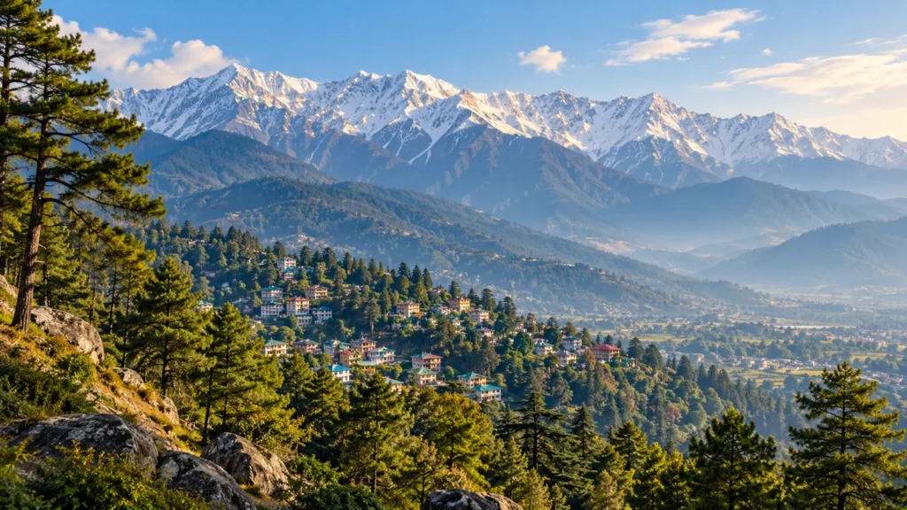Dharamshala-inspired lower Kangra hillside town beneath Dhauladhar illustration