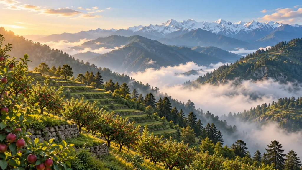 Fagu-inspired misty terraced orchard hillside illustration
