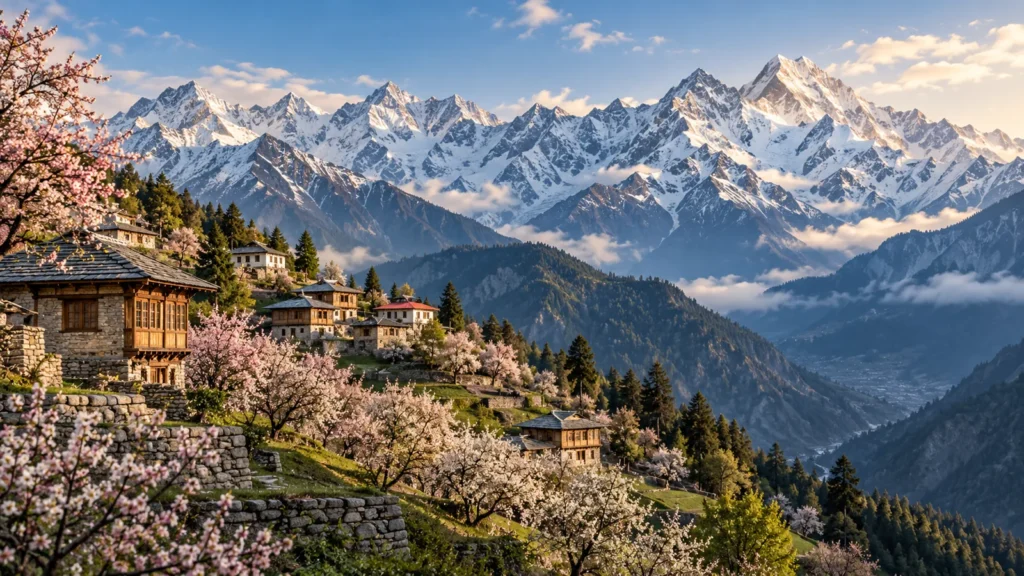 Kalpa-inspired orchard village facing a distant snow mountain wall illustration
