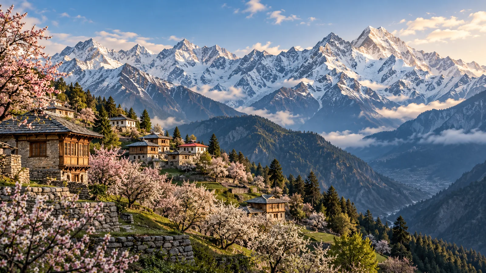 Kalpa-inspired orchard village facing a distant snow mountain wall illustration