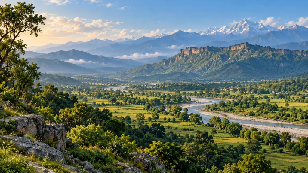 Kangra-inspired wide green valley and distant weathered stone ridge wall illustration