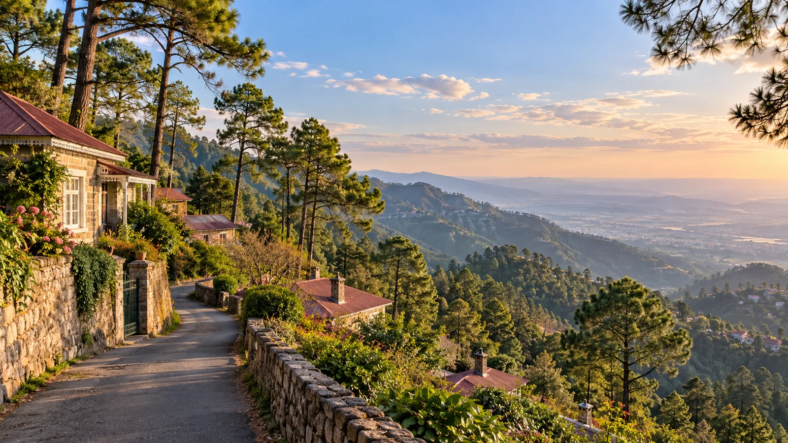 Kasauli-inspired pine-covered lower hills and cottage roofs illustration