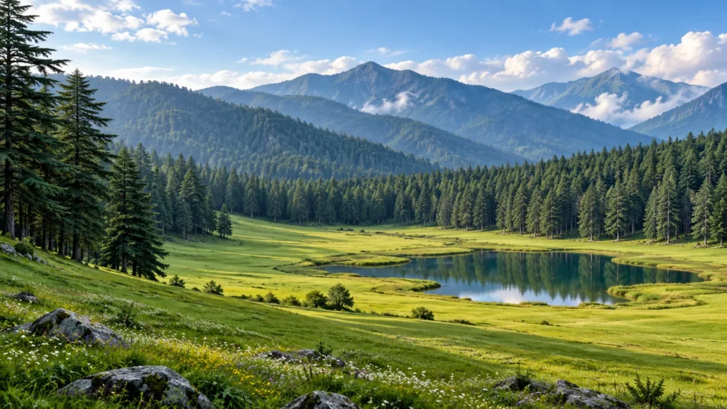 Khajjiar-inspired broad cedar-ringed meadow with small pond illustration