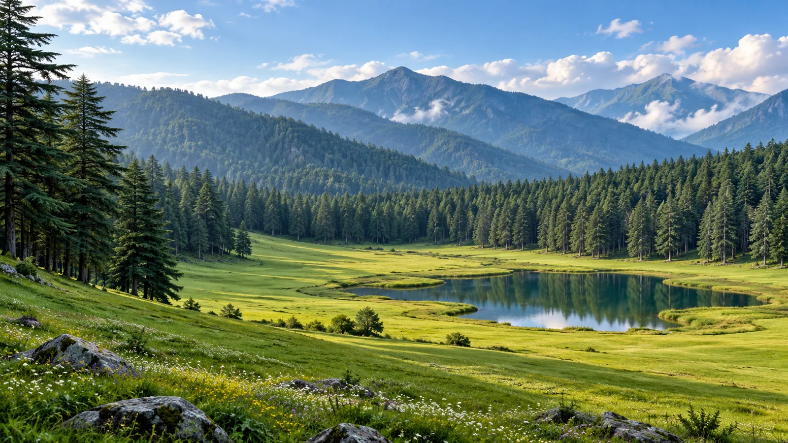 Khajjiar-inspired broad cedar-ringed meadow with small pond illustration