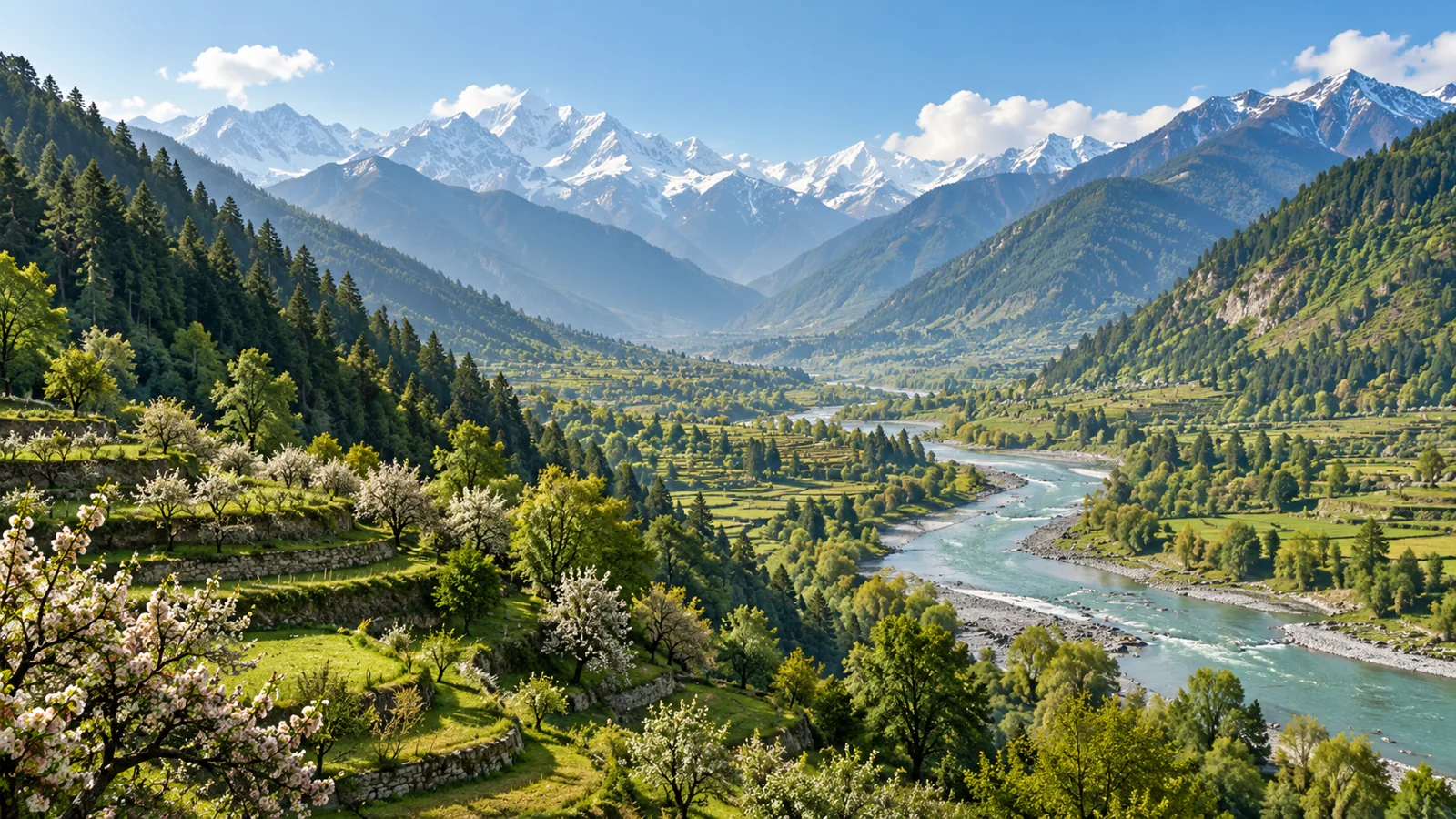 Kullu-inspired broad river valley and orchards illustration