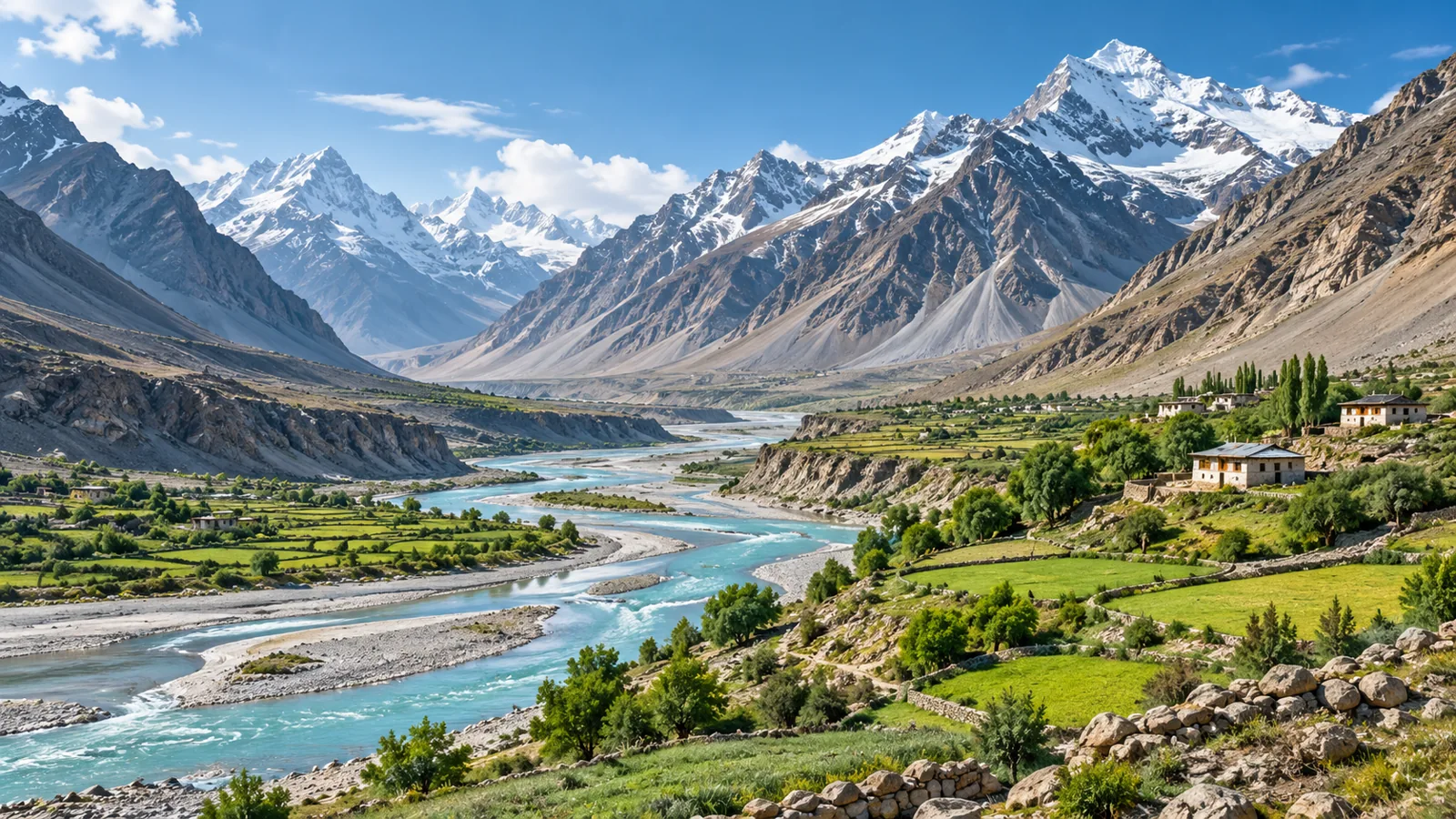 Lahaul Valley-inspired broad high mountain river valley and green summer fields illustration