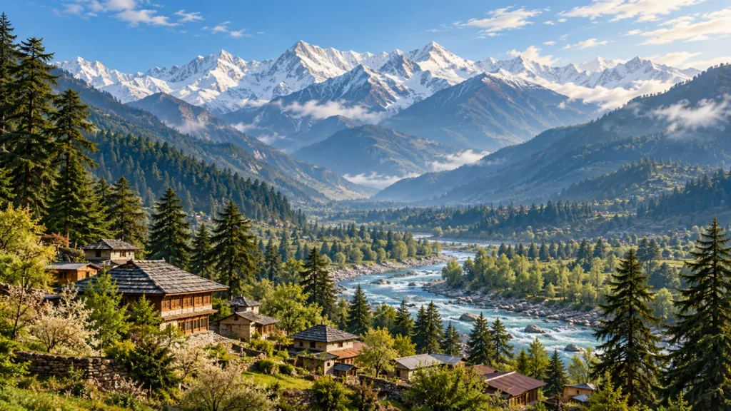 Manali-inspired Beas valley village and distant snowy peaks illustration
