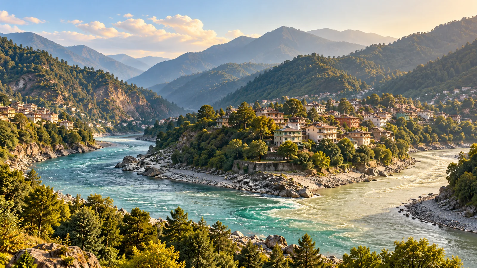 Mandi-inspired river confluence and terraced mountain town illustration
