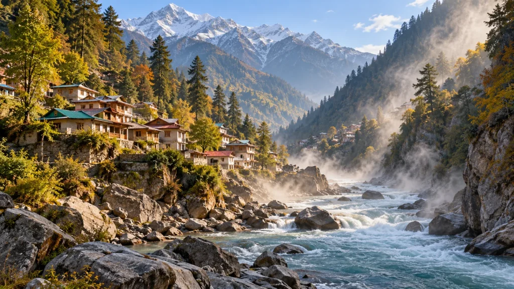 Manikaran-inspired mountain river settlement and light natural steam illustration