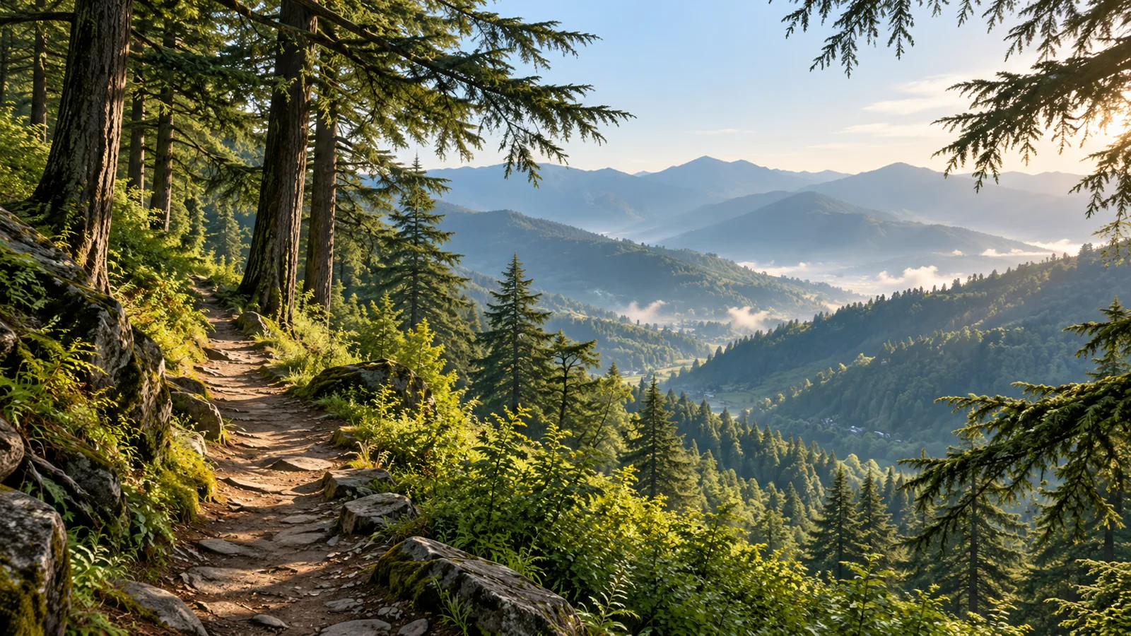 Mashobra-inspired cedar forest path and green valley illustration