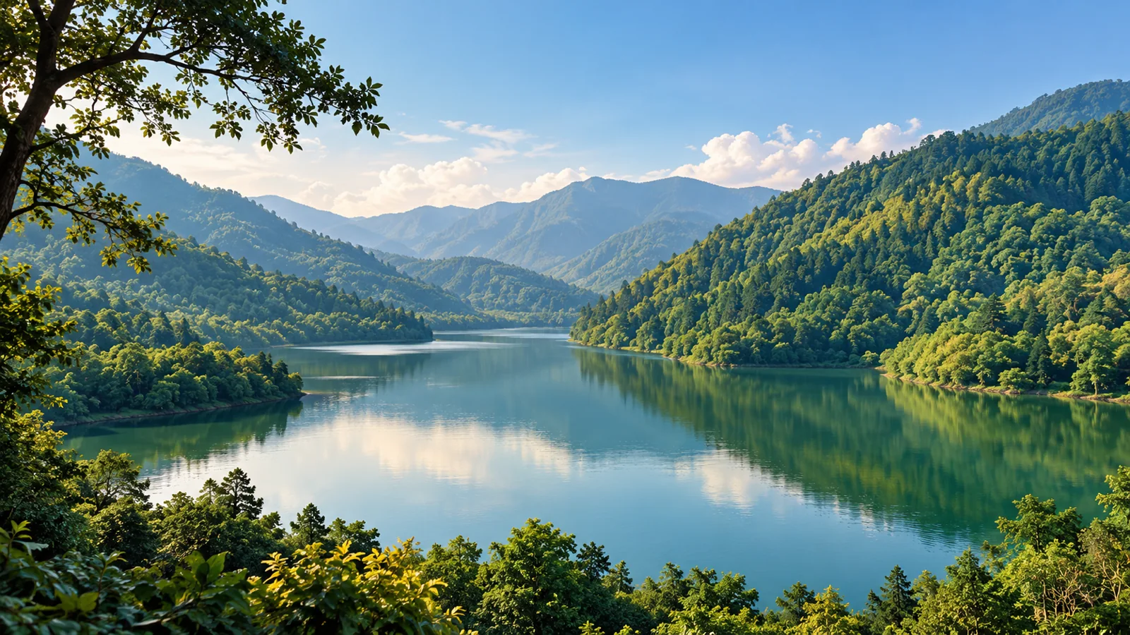 Renuka Ji-inspired forest-ringed natural lake illustration