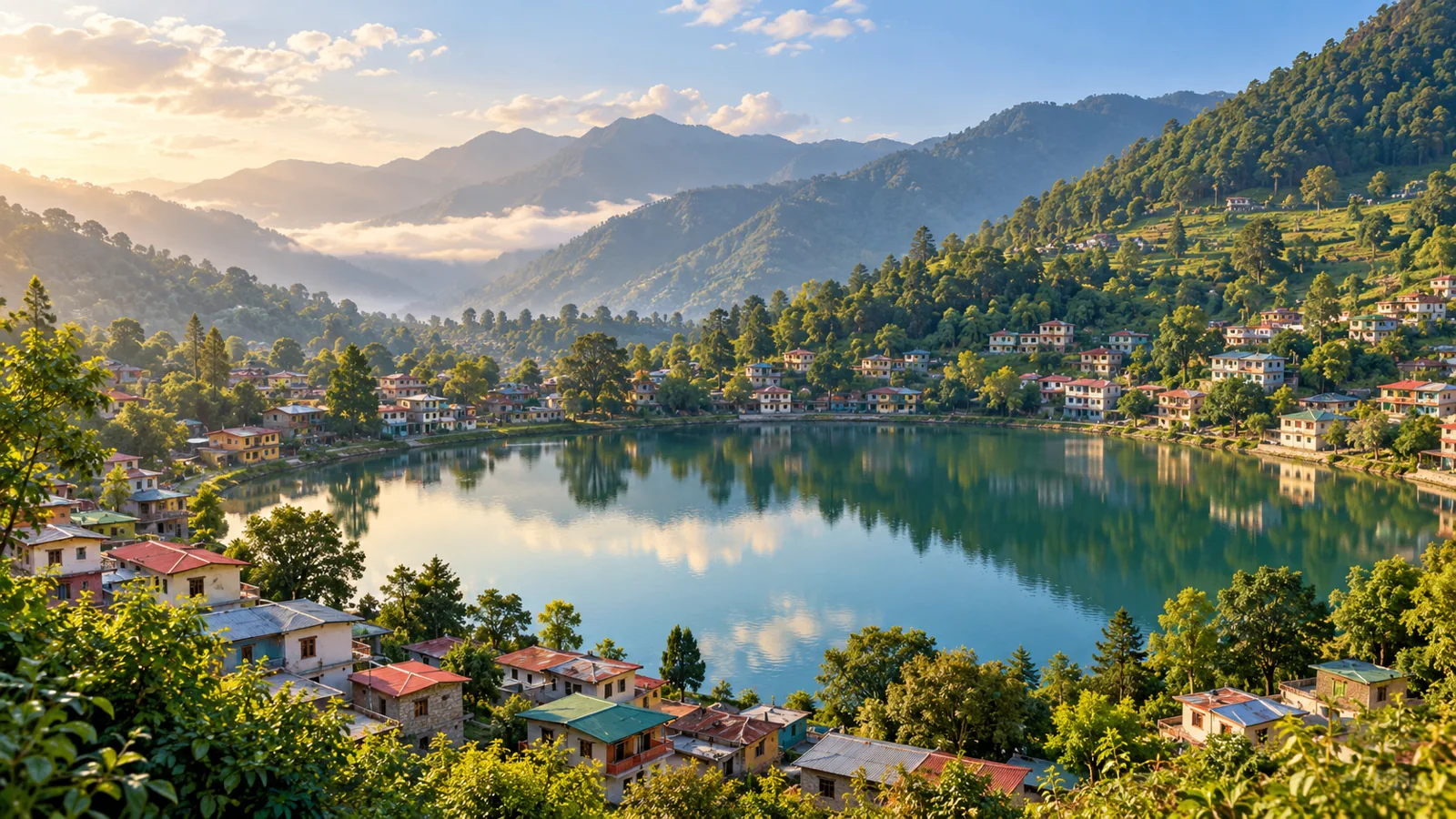 Rewalsar-inspired small calm lake with hillside settlement roofs illustration