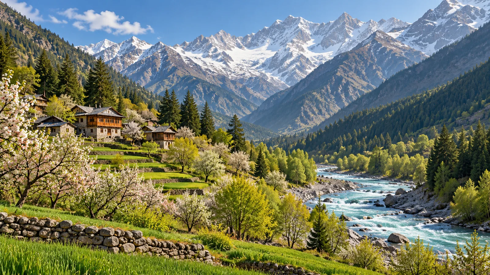 Sangla-inspired green Baspa valley orchard fields and timber roofs illustration