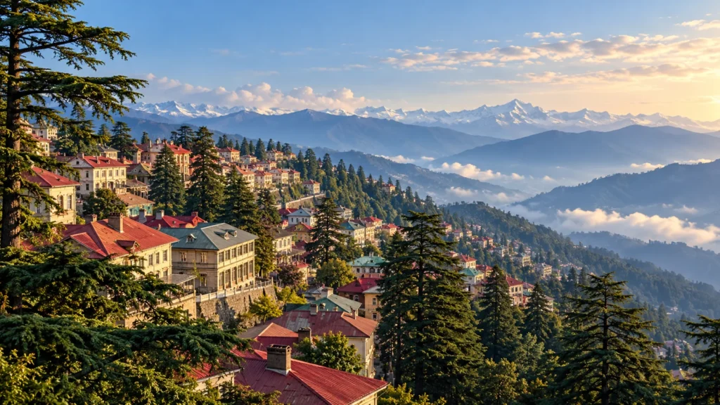 Shimla-inspired colonial hill-town roofs and cedar ridges illustration