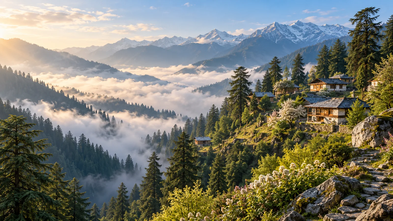 Shoja-inspired cedar-covered ridge village in morning mist illustration