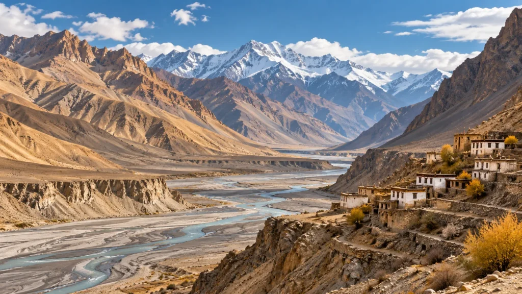 Spiti Valley-inspired ochre cold-desert valley and small whitewashed homes illustration
