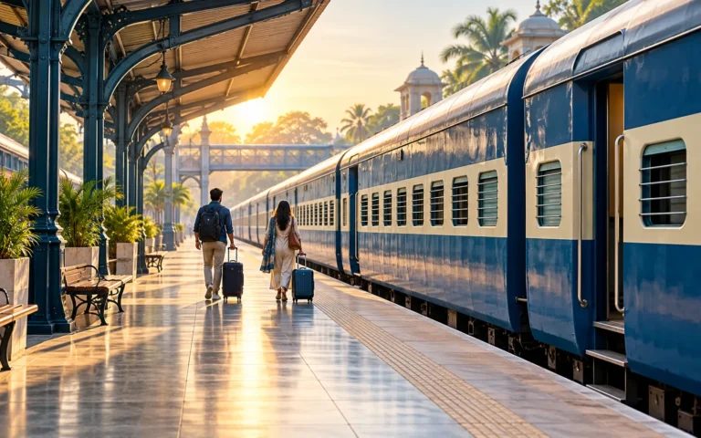 Indian railway platform and blue train, planning illustration