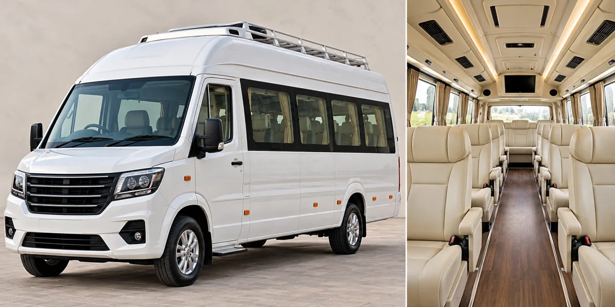 AI illustration of Maharaja Tempo Traveller exterior and interior