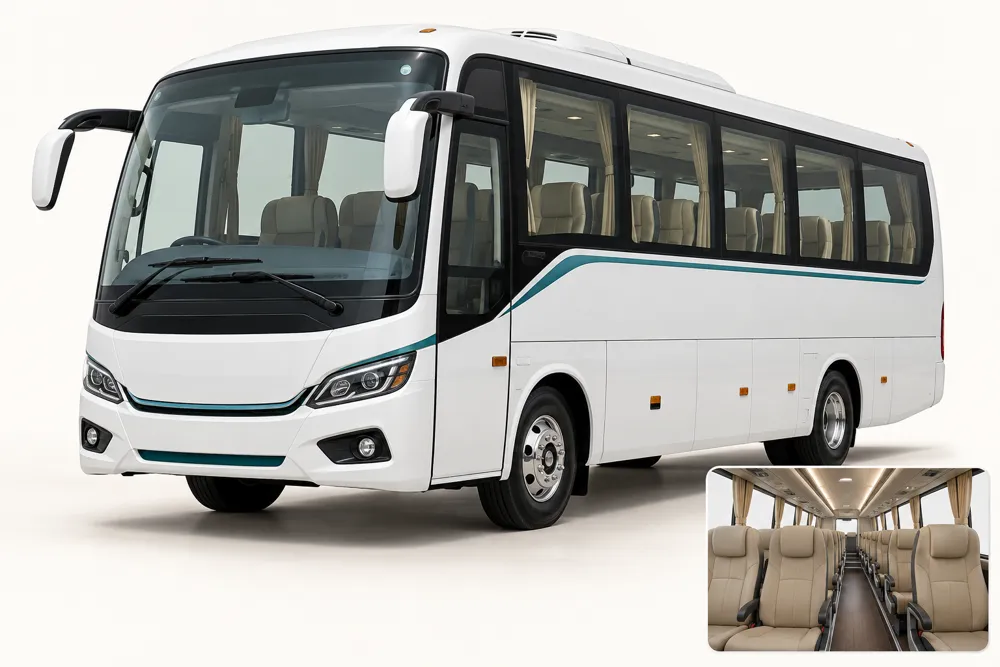 AI concept illustration of a white 21 seater mini bus