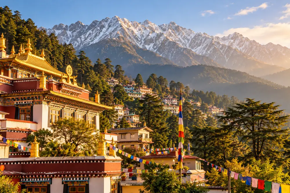 Illustrative Dharamshala monastery-inspired setting and mountains