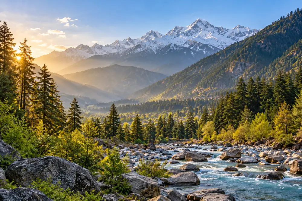 Illustrative Manali valley, stream and Himalayan scenery