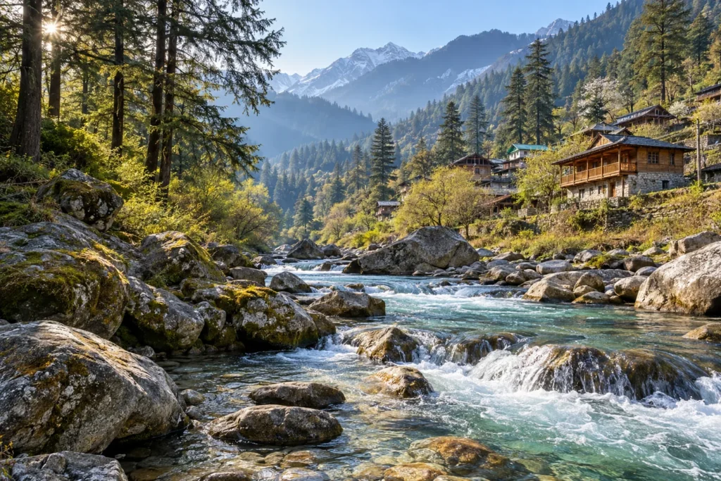 AI illustration of a stream and forest in the Jibhi Tirthan region