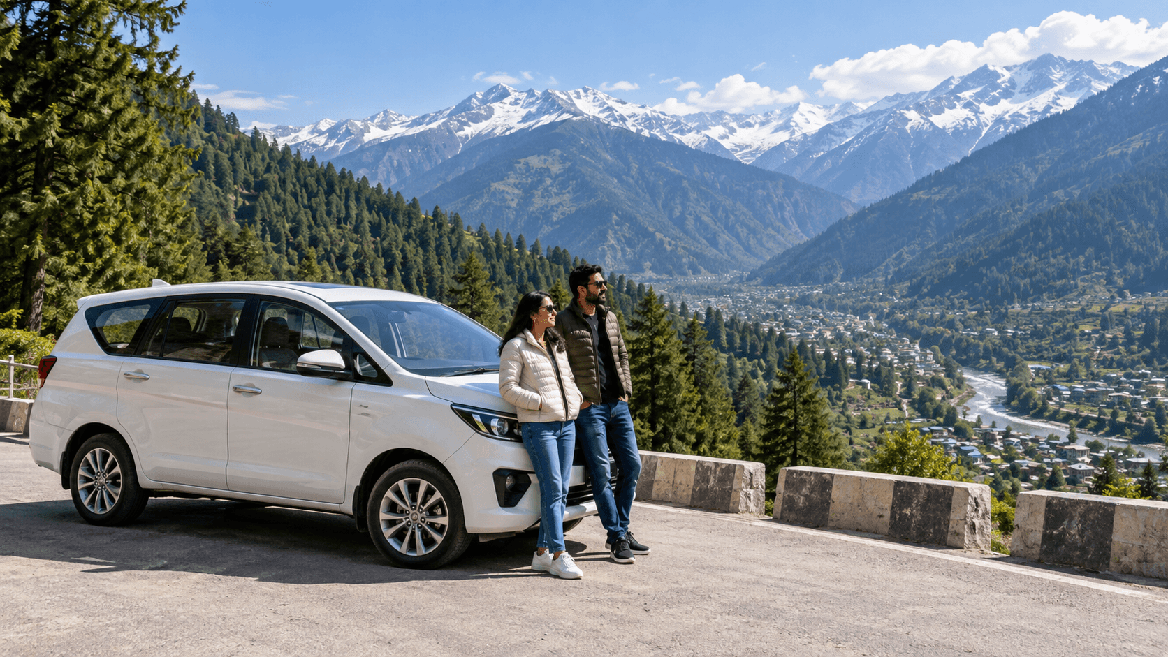 AI illustration of a private MPV at a safe Himachal mountain viewpoint