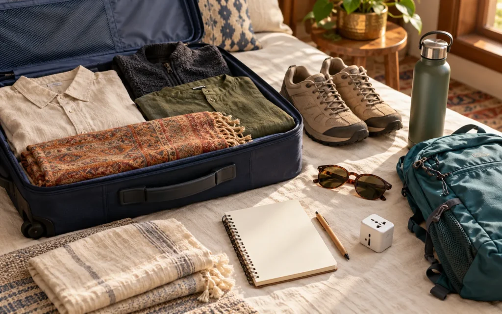 Suitcase with walking shoes and layered clothing, packing illustration