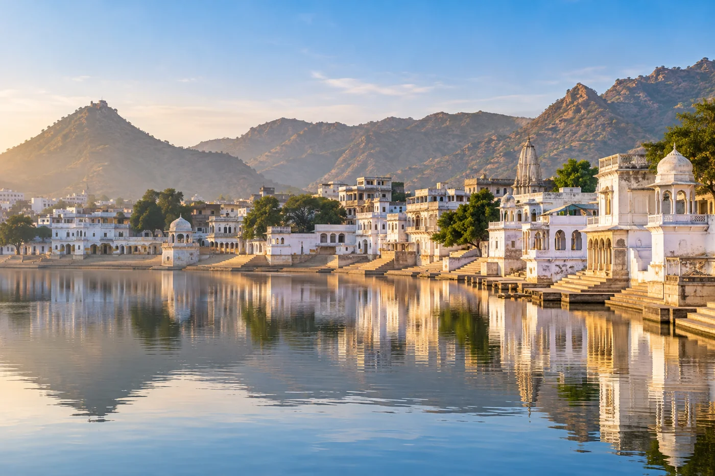Pushkar lake and ghats inspired view