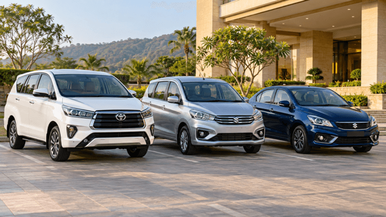 AI illustration comparing an Innova Crysta, Ertiga and sedan in hotel parking