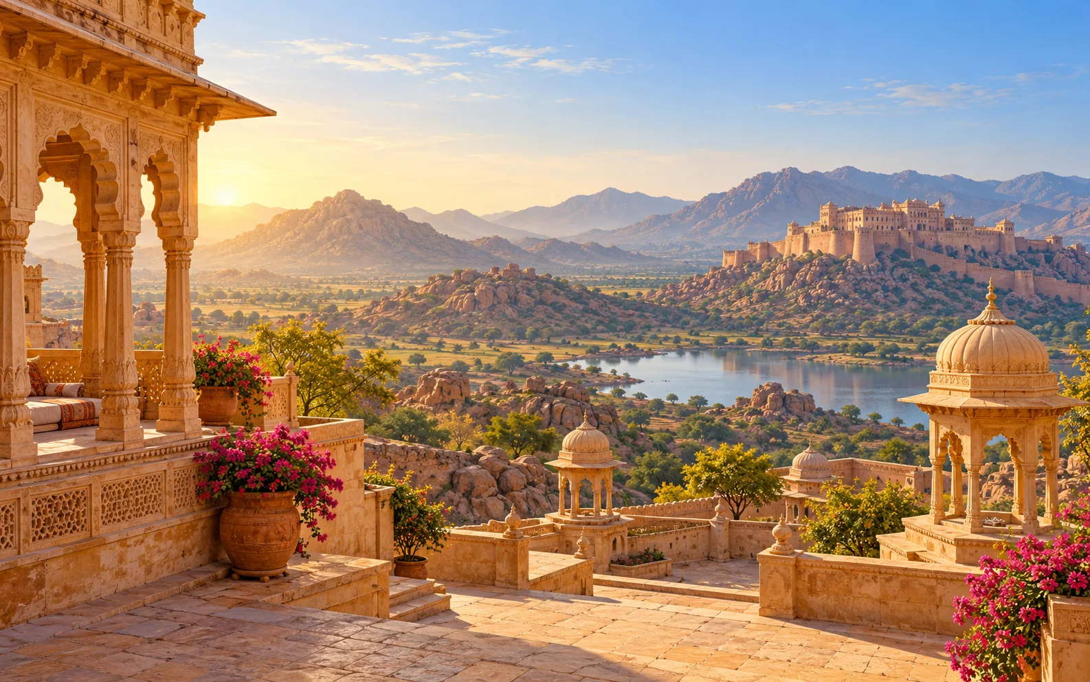 Rajasthan-inspired sandstone courtyard and Aravalli landscape illustration