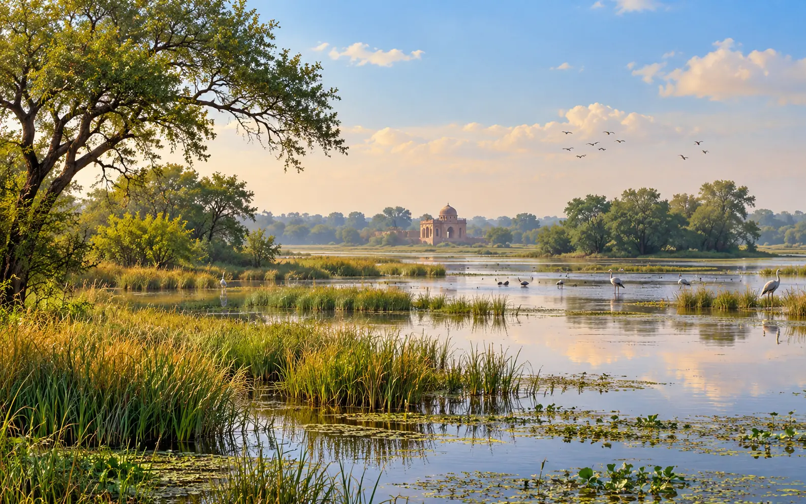 Bharatpur-inspired destination landscape illustration