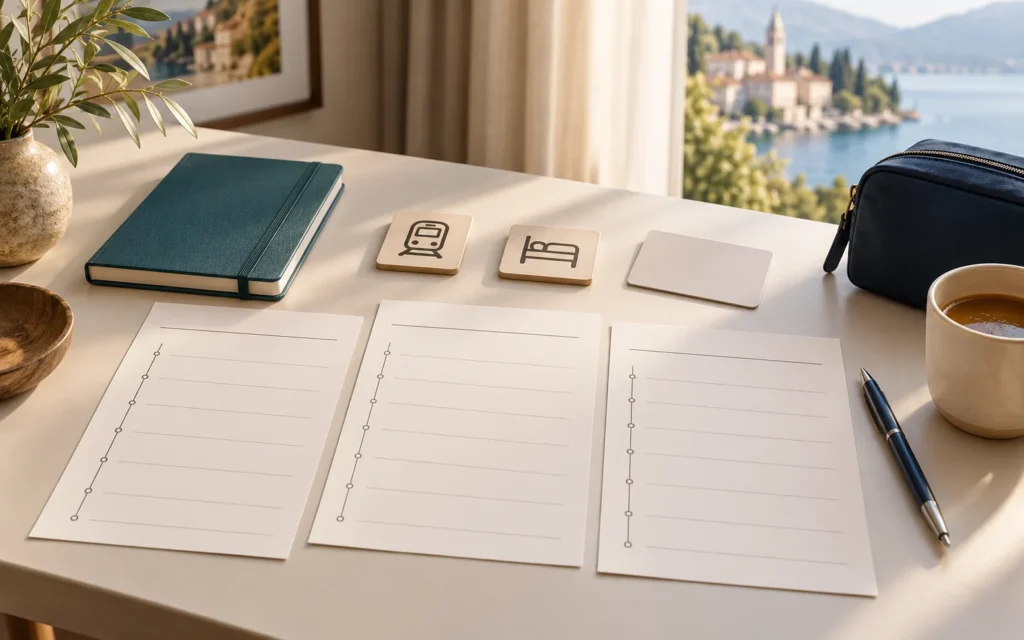Notebook and itinerary cards for comparing travel booking options