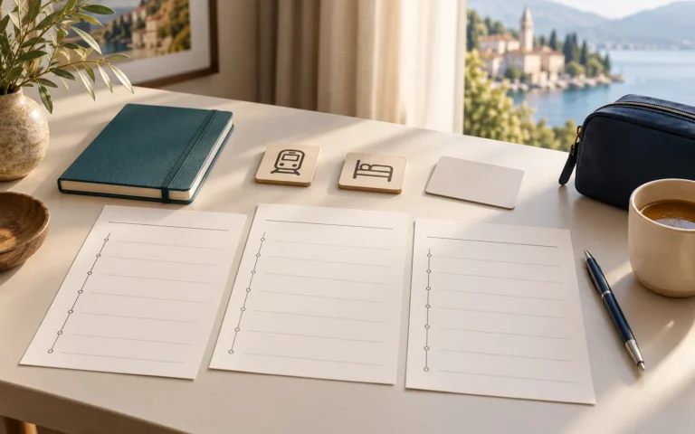Notebook and itinerary cards for comparing travel booking options