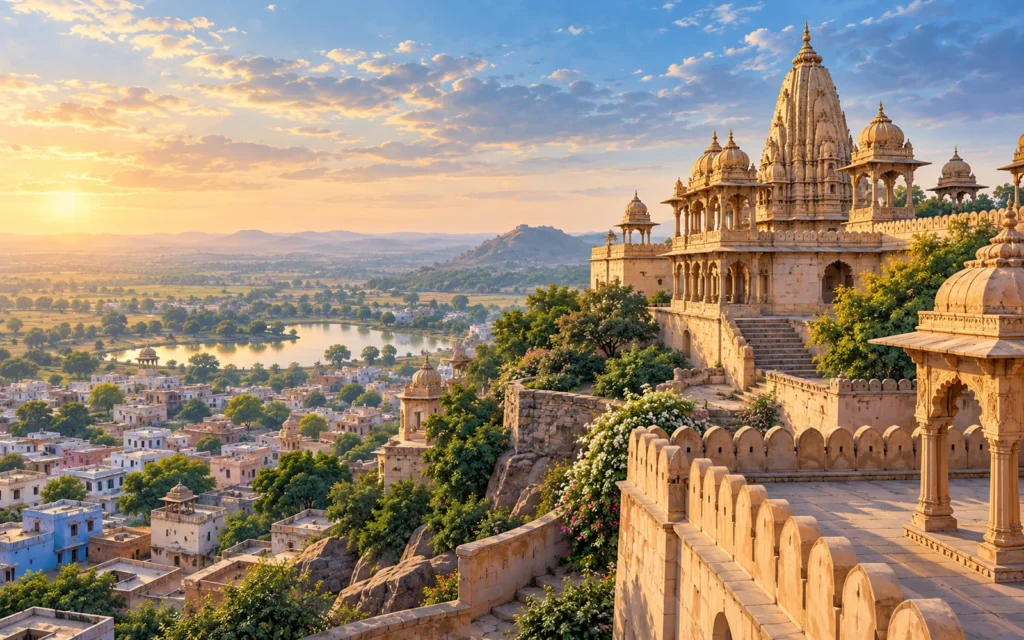 Barsana-inspired hilltop sandstone temple-inspired skyline above a Braj village illustration