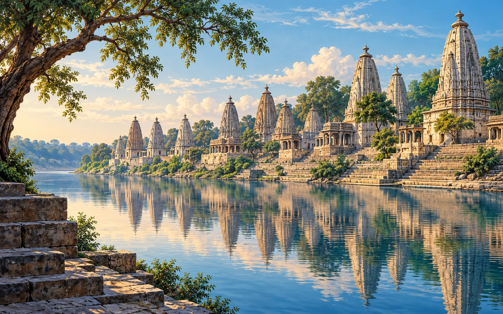 Bateshwar-inspired long row of pale temple spires reflected in the Yamuna illustration