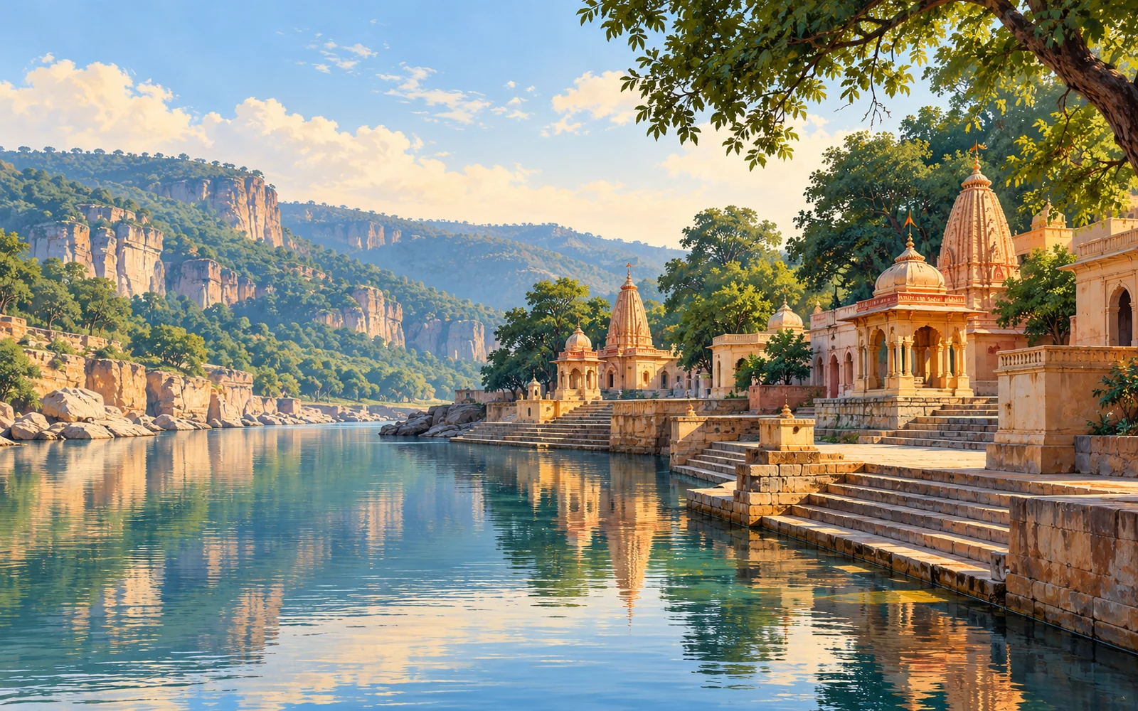 Chitrakoot-inspired Mandakini riverfront-inspired ghats with small ochre temples and quiet water illustration