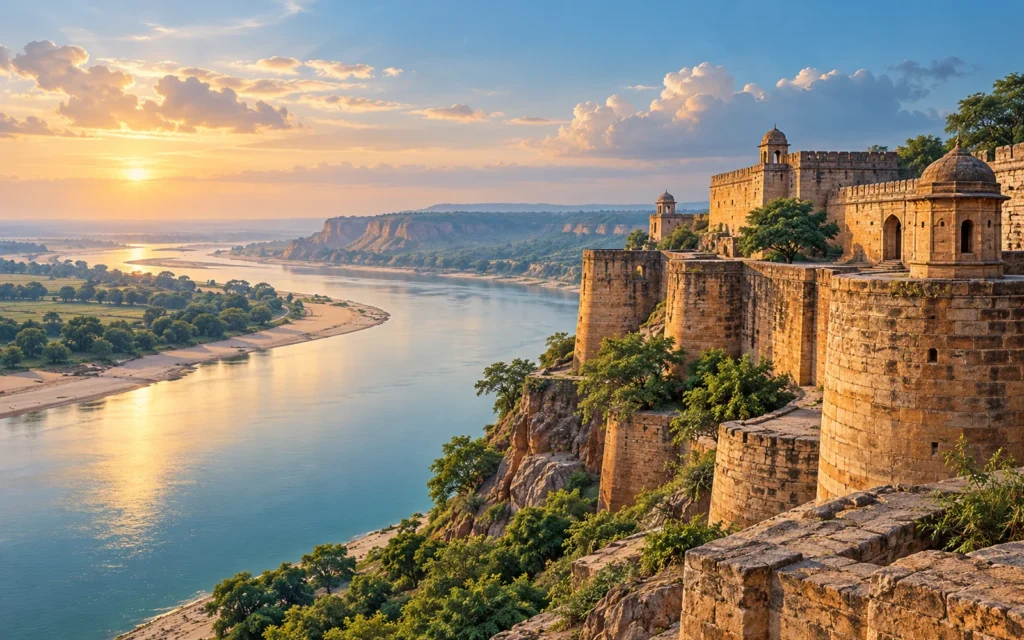 Chunar-inspired sandstone hill-fort-inspired walls above a sweeping Ganga bend illustration