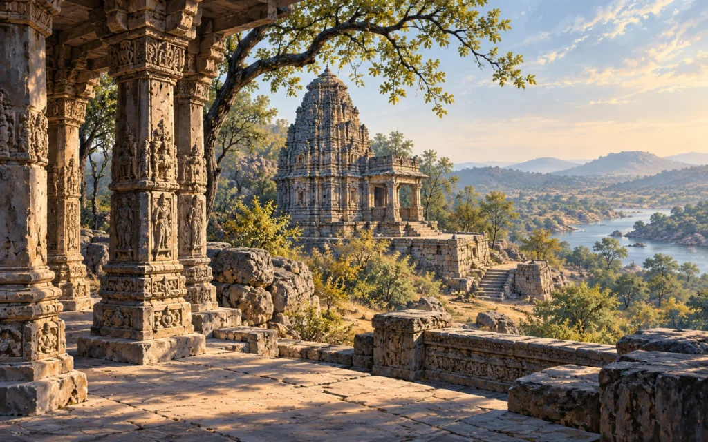 Deogarh-inspired early stone temple-inspired setting and weathered carved pillars in dry woodland illustration